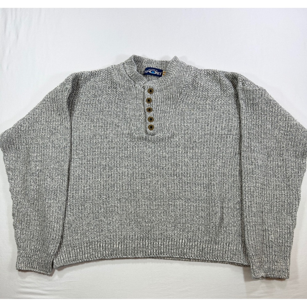 Mountain Tek Sport Vintage Mens Large Gray Marled Cotton Henley Sweater USA Made